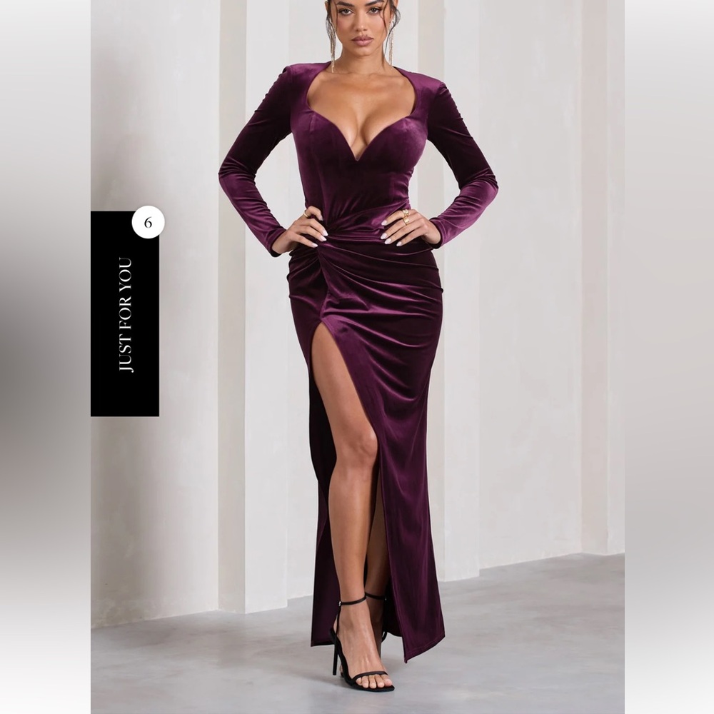 Club L London VIN CHAUD VELVET LONG-SLEEVED SPLIT MAXI DRESS size 2